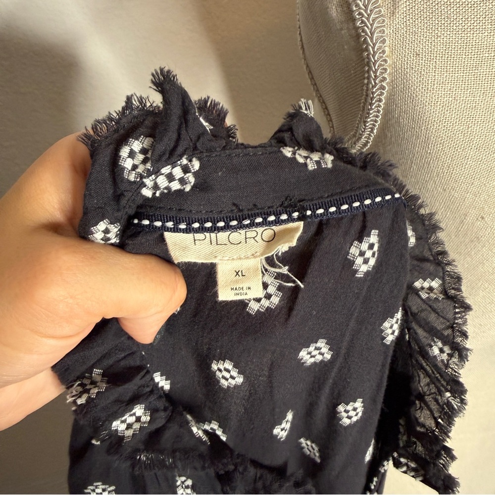 Pilcro Tavi Embroidered Button Down Blouse Black Cotton Frayed Trim XL - Picture 7 of 9